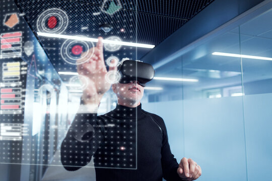 Senior man in virtual reality headset using advanced technology - Powered by Adobe