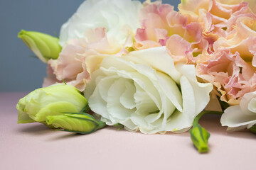 Bouquet of fresh flowers. Side view, space for text.