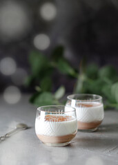 white and dark chocolate dessert, breakfast pudding, bokeh