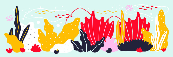 Underwater seaweed abstract vector illustration. Ocean bottom, corals reefs, seaweed. Underwater hand drawing poster. All elements are isolated.