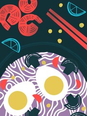 Noodles soup.Flat appetizing. Abstract noodles, shrimp, lemon. Colored Japanese food  illustration. Funny colored typography poster, apparel print design, restaurant menu decoration. Asian food poster