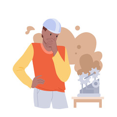 Accident with broken equipment in industry vector illustration. Cartoon sad worker in hardhat standing near industrial machinery with damage and smoke isolated on white. Malfunction, safety concept