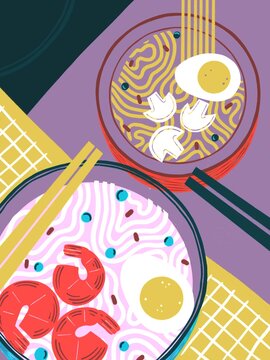 Naklejki Noodles soup.Flat appetizing. Abstract noodles, shrimp, lemon. Colored Japanese food  illustration. Funny colored typography poster, apparel print design, restaurant menu decoration. Asian food poster