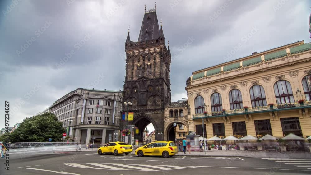 Wall mural view of the powder tower timelapse hyperlapse and the municipal house at the republic square in prag