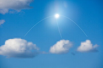 Sun and pixelated clouds in blue sky