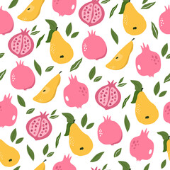 Seamless pattern with colorful pears and pomegranates.