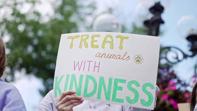 animal rights. Stop Animal Abuse. Vegans are against eating animals. Animal advocates against animal testing of cosmetics. Demonstration march crowd