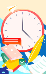 Student is reading a book with a clock counting down the date in the background, vector illustration