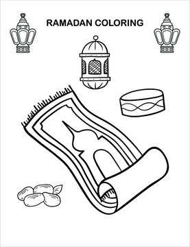 Prayer Carpet Ramadan Children Coloring Book Pages , Islamic Month Ramadan Worksheet ,Sketch Outline Black And White Pages . Kids Education. Vector Illustration