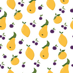Fototapeta na wymiar Seamless pattern with pears, lemons, peaches on white background.