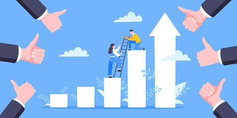 Business mentor helps to improve career and holding stairs steps vector illustration. Mentorship, upskills, climb help and self development strategy flat style design business concept.