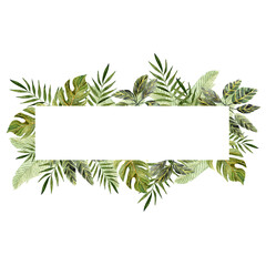 Horizontal watercolor tropical leaves frame for cards invitations, decor and design. 