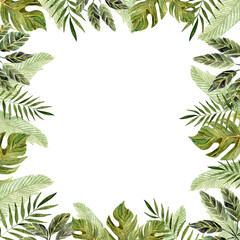 Square frame with watercolor tropical leaves. Frame for invitations, cards, decor and design. 