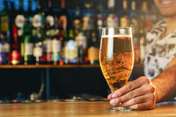 Barman serves glass of cold beer at bar counter in pub