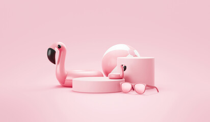 Pink flamingo 3d podium product summer background display of pastel cosmetic platform stage or empty tropical presentation art template mockup and minimal advertising pedestal stand on beach backdrop. © Lemonsoup14