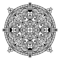Circle of heart in mandala pattern for Coloring book, doodle style mandala.