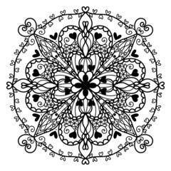 Circle of heart in mandala pattern for Coloring book, doodle style mandala.
