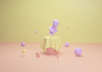 purple bust on a support and yellow background and colored spheres