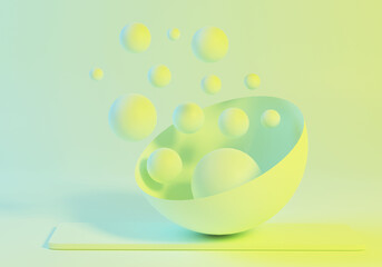 light background and abstract capsule with spheres of yellow and light green colors