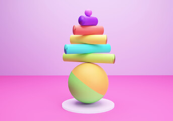 pink background with abstract composition of sphere and colored cylinders in balance
