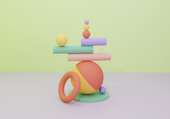 light green background with sphere and cylinders in balance of yellow and violet colors with red torus