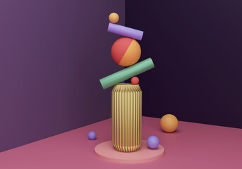 composition with a golden abstract support and cylinders with spheres in balance of yellow and green colors