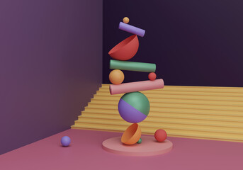 abstract background with yellow ladder and composition of spheres in balance