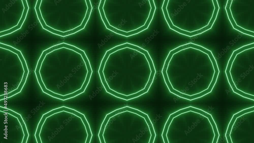 Aufkleber neon animated pattern with green neon lines in symmetric mosaic on a black background. seamless loop