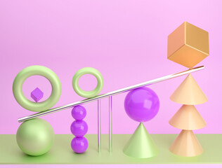 abstract composition with spheres and cubes of gold and green color on a pink background