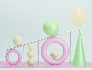 abstract light background with pink torus and pastel green cones