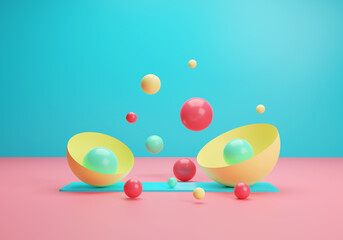 blue background with red and green spheres coming out of yellow capsules