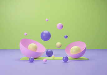 green background with pink capsules and blue balls falling on the ground