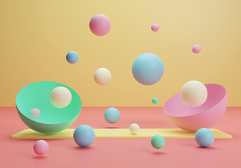 light background with colored spheres floating in the air on green and pastel pink hemispheres
