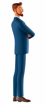 3D illustration of a smiling man. Cartoon side view of a smiling businessman
