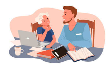 Fototapeta na wymiar Adult and kid doing school homework together. Cartoon father and son sitting at home table with books, textbooks, notebooks and laptop, parent teaching child flat vector illustration. Lesson concept