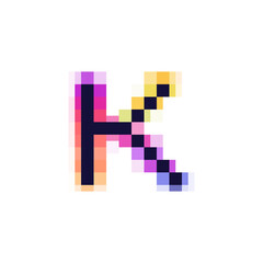 Hologram letter K logo with glitch distorted pixel effect. Color shift design.