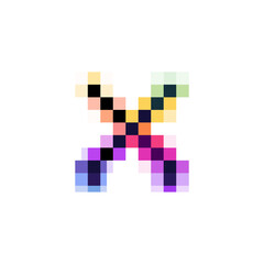 Hologram letter X logo with glitch distorted pixel effect. Color shift design.