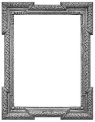 Old rectangular vintage wooden silver-plated frame, isolated on white background
