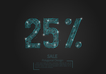 Abstract isolated blue 25 percent sale concept. Polygonal illustration looks like stars in the blask night sky in spase or flying glass shards. Digital design for website, web, internet. © Katsiaryna