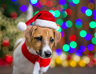 A small puppy of Jack Russell breed  on a wooden floor against the background of a Christmas tree decorated for Christmas. Merry christmas concept.