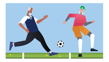 Fototapeta na wymiar flat characters of amateur mature men playing football or soccer outside, illustration
