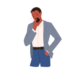 Bearded man smoking cigarettes and thinking. Smokers drugs addiction, bad unhealthy lifestyle habit, tobacco dependence, cigar burning smoke, recreational drug cartoon vector illustration