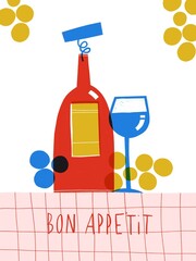 Wine bottles with glass abstract illustration poster. Drink and alcohol poster wall. Grapes wine. Cartoon postcard in provence style. Can be used for restaurants menu, cover, packaging.