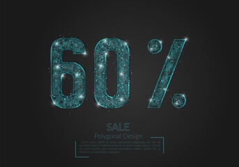 Abstract isolated blue 60 percent sale concept. Polygonal illustration looks like stars in the blask night sky in spase or flying glass shards. Digital design for website, web, internet. © Katsiaryna