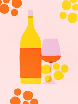 Wine bottles with glass abstract illustration poster. Bon Appetit. Drink and alcohol. Grapes wine and corkscrew. Cartoon postcard in provence style. Can be use for restaurants menu, cover, packaging. 