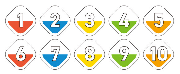 1〜10までの数字アイコンセット　角丸ひし形（ビビッドカラー）