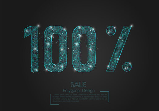 Abstract isolated blue 100 percent sale concept. Polygonal illustration looks like stars in the blask night sky in spase or flying glass shards. Digital design for website, web, internet.
