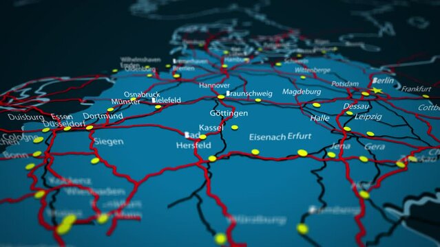 Blue map of Germany with cities, roads and railways on a dark background. 4K Animation
