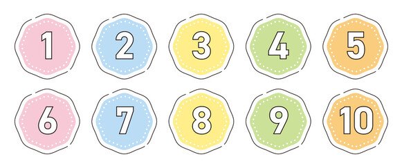 1〜10までの数字アイコンセット　やわらかい八角形（パステルカラー）