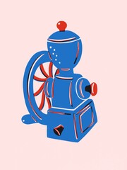 Hand drawing vintage coffee grinder, beans. Coffee shop. Manual coffee grinder. Funny illustration poster. Retro manual coffee grinder or mill sketch in vintage style. Breakfast. Cartoon style